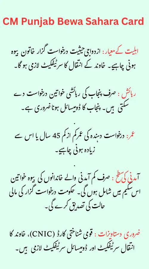 CM Punjab Bewa Sahara Card 2025 Eligibility Criteria